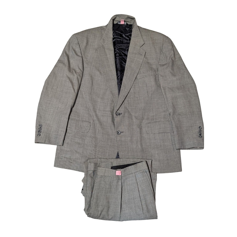 Vintage 1995 Lands End Mens Suit 48 100% Wool Gray Houndstooth 2 Piece USA